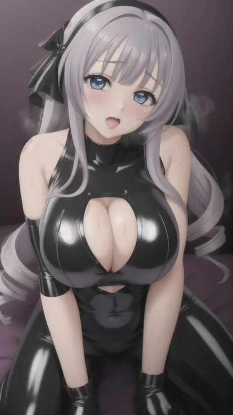   erotic 、Mylene、silver curly hair long twin tail drill、Light blue eyes、Big Breasts, Alone、black latex rubber suit　 sleeveless, Purple Wicked Background 、  top quality,  detailed face ,  detailed eyes on board,  high definition ,A melting expression、Lookin...