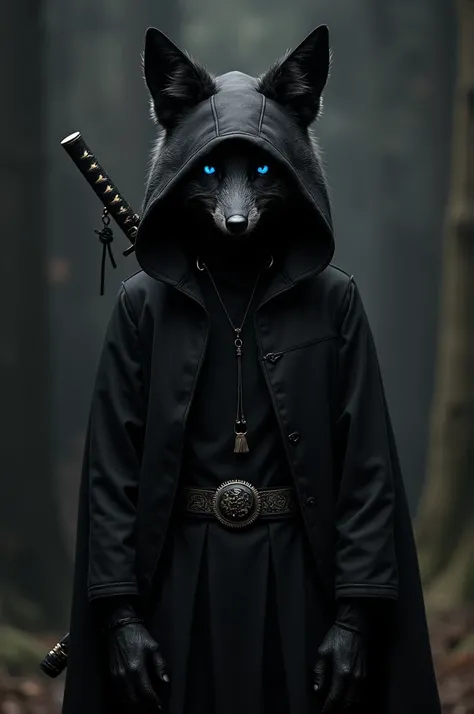 Black humanoid fox ,  black clothes ,  katana, black hood,1,60 tall , sharp teeth,  creepy appearance ,Does it have black hair , has fox features, black eyes , Totally black dark background  ,fox tail, fantasy world, completely black eyes 
