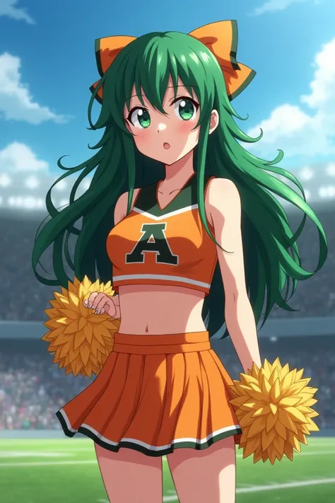 1 girl, Izuku Midoriya girl, femeale version, genderswap, U.A. CheerUniform, pom pom (cheerleading), holding pom pom, orange crop top, orange skirt, standing, looking at the viewer, nervous face, full body, stadium backdrop, green long hair, feminine featu...