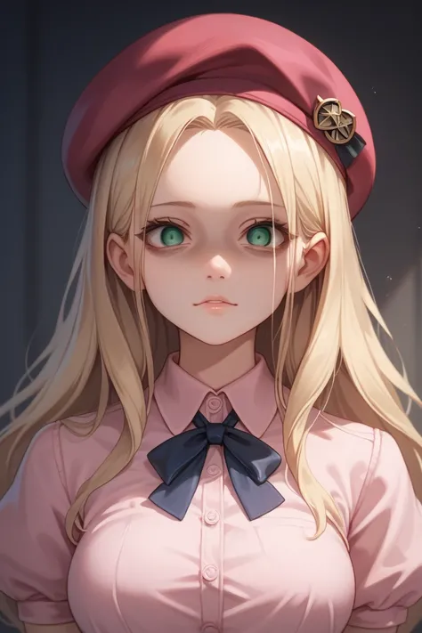 1girl, Solo, Blonde Hair, Green Eyes, Long Hair, Parted Bangs, Forehead, Medium Breast, Beret, Pink Shirt, Collared Shirt, Puffy Short Sleeves, Upper Body, Looking at Viewer,   CONSTRICTED PUPILS, YANDERE, EMPTY EYES, SHADED FACE, cute, best quality, 