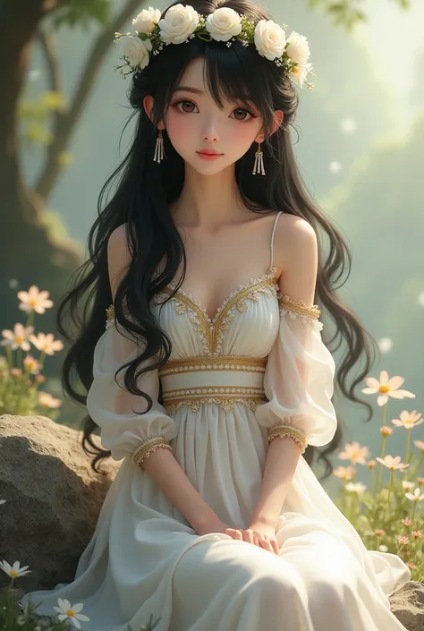 agirl, sitting on rock, soft lighting, long black hair, white flower crown, white dress with gold trim, sheer sleeves, delicate floral patterns, serene expression, fair skin, soft focus background, gentle colors, fantasy setting, ethereal atmosphere, digit...