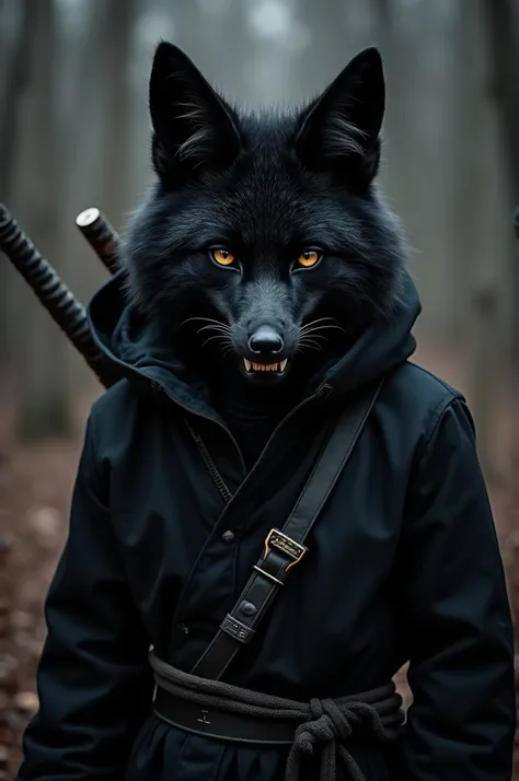 Black humanoid fox ,  black clothes ,  katana, black hood,1,60 tall , sharp teeth,  creepy appearance ,Does it have black hair , has fox features, black eyes , Totally dark background ,fox tail, fantasy world, completely black eyes 
