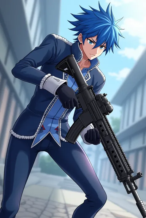  has a controller for the anime Dinazenon ,Manaka Hou ,male, blue hair,160cm, assault rifle , blue costume,