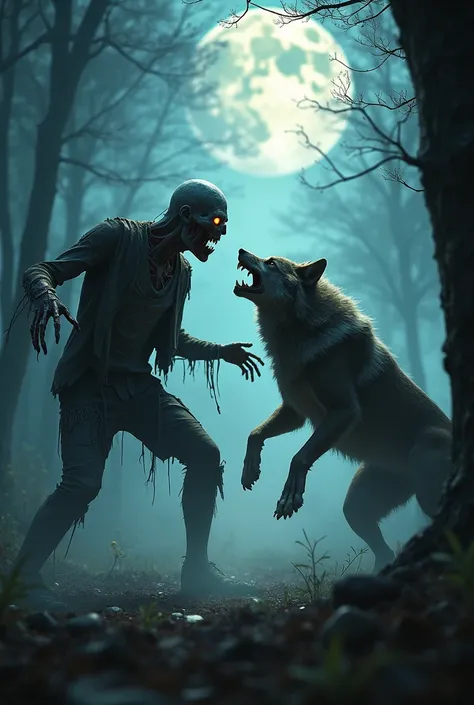 "A dramatic scene of a zombie attacking a wolf in a dark, eerie forest. The zombie, with decayed flesh, tattered clothing, and glowing, lifeless eyes, lunges at the wolf with outstretched, skeletal hands. The wolf, a powerful and agile creature, snarls fie...