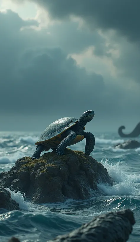 ((masterpiece,  top quality,  the highest image quality  ,  high resolution, Realistic,  original photo,  Extremely detailed CG uniform 8K wallpaper )), In the middle of the ocean ， a turtle stands on a small island，The island is surrounded by water ，There...