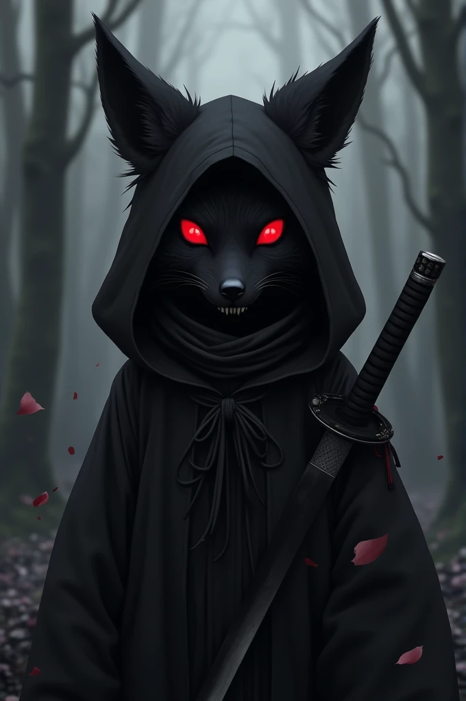 Black humanoid fox ,  black clothes ,  katana, black hood,1,60 tall , sharp teeth,  creepy appearance ,Does it have black hair , has fox features, black eyes , Totally dark background ,fox tail, World of anime, completely black eyes 
