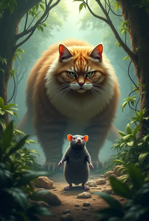 A large burly Persian cat is dealing with a rat monster, jungle background  