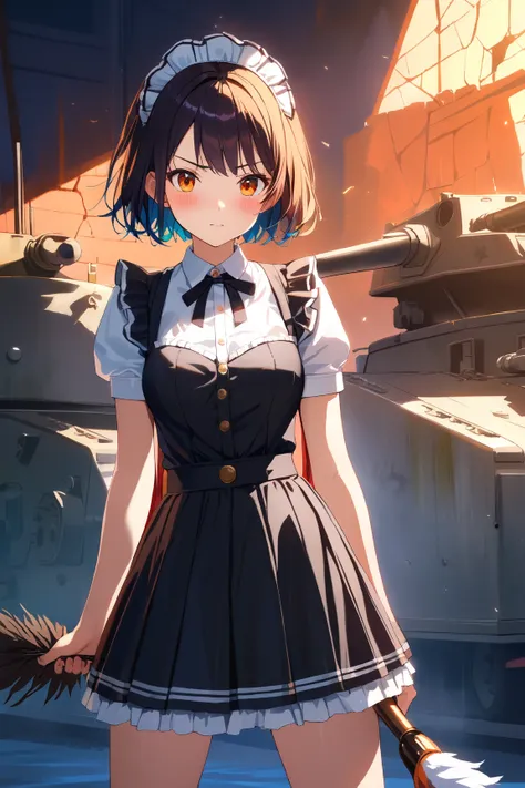 1 girl, (cute face), 18 years old, short hair, (determined expression), (blush), medium breasts, slim, (wearing a maid outfit with military accents), knee length skirt, (smooth skin), BREAK  
tank background, military base, (standing confidently next to a ...