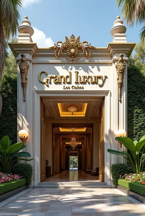  Create a promt to create The wonderful Entrance to a Luxury Building such as a Hotel With an entrance for people to get off the bus that bears the name of GRAND LUXURY and in small letters LOS CABOS, with elegant vegetation 