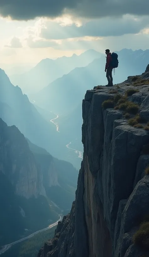 A lone hiker standing boldly on the edge of a steep cliff, overlooking a rugged, majestic mountain range. Storm clouds begin to clear, revealing beams of sunlight that symbolize the courage and growth that come from stepping out of ones comfort zone.