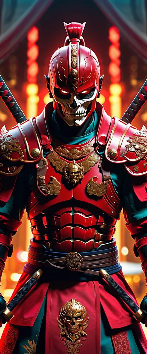 Create a hyper-detailed 4K resolution digital artwork featuring a skeletal warrior in a samurai-style red suit. The artwork should depict a determined face portrait of the warrior at street level. The lighting should be dynamic, highlighting the intricate ...