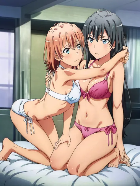 ( correct anatomy),(One body ), 2 girls,((They are two different people)), (2 people, Yukinosita Yukino and Yuigahama Yui),Embarrassed,Blushed cheeks,underwear,(whole body:1.5),sweat, long legs ,barefoot,(Pussy Cameltoe:1.0),( white bra ),( white frill pan...