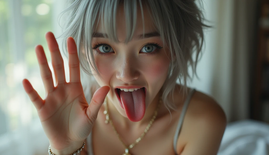 nsfw, 美しい少女が drool を垂らし、 lick your own fingers with your tongue. Beautiful Japanese Angel. Boldly open your mouth, Sticking out her tongue erotically, 指を舐めて drool を垂らす, Sexual excitement face, Stylish short layered cut in shades of grey and white, Features...