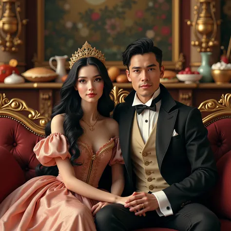 toon CGI image, a princess black hair with a prince short undercut black hair, dress house 1890s clothes long trousers clothes, fantasy, masterpiece, vibrant, portrait, they both sit down in couch of the king of the kingdom with foods, life-like realistic,...