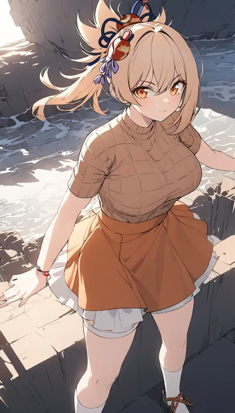 a woman wearing a knee-length skirt, a sweater, and knee-high socks, vivid colors, golden hour lighting, physically-based rendering, extreme detail description, professional, large breasts, , full body, anime cover, girl, solo, mature female,yoimiya, bangs...