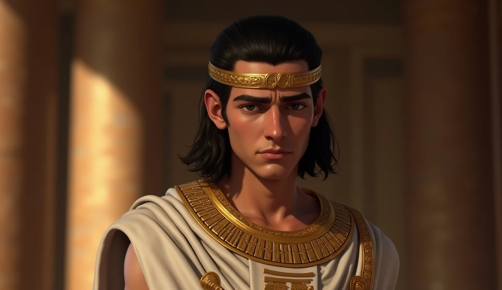 "Ptolemy XIII, a young boy in his 20s with youthful features and an air of defiance, is captured in a mid-shot. He has smooth, light olive skin, sharp dark eyes, and shoulder-length, neatly styled black hair. He wears a simple yet regal golden circlet as a...