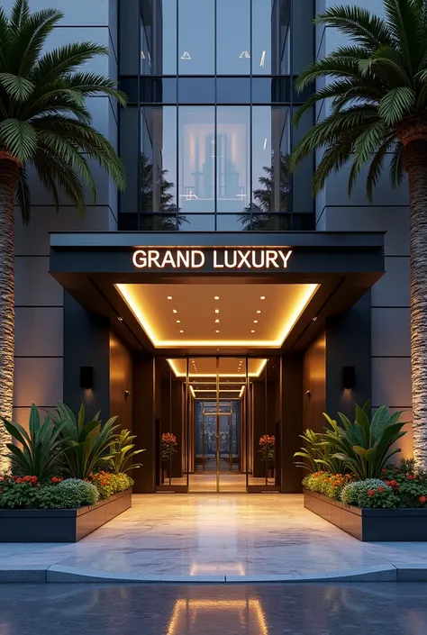  Imagine the entrance to an elegant and exclusive luxury hotel called  "GRAND LUXURY ", ubicado en la  Mexico City .  The scene shows an impressive main entrance where guests arrive in high-end vehicles .  The marquee that covers the descent area is design...