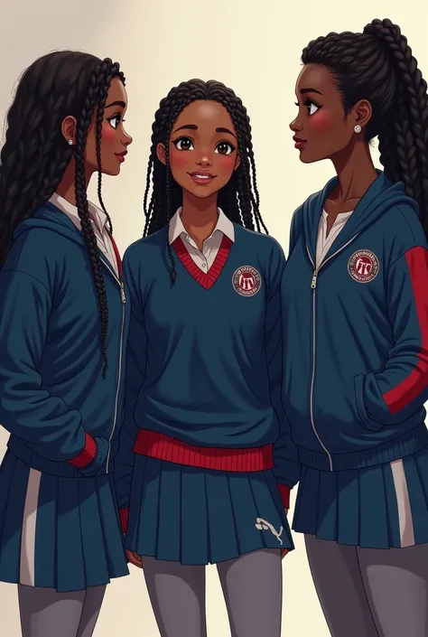 a prety prety prety girl who is black and has chocolate color skin and has long braided hair and is  and is wearing a school uniform that is blue sweater with red white and black stripes  andblue skirt and gray leging with the word puma and is talking with...