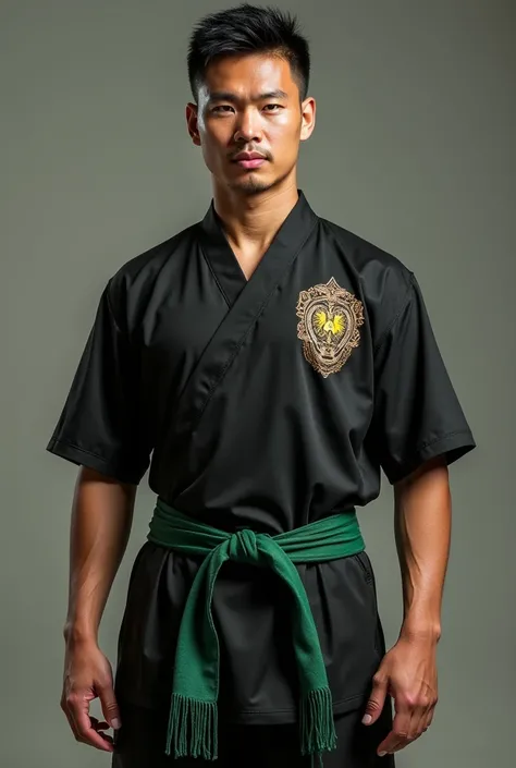 A male wearing a black pwncak silat shirt wears a green shawl belt