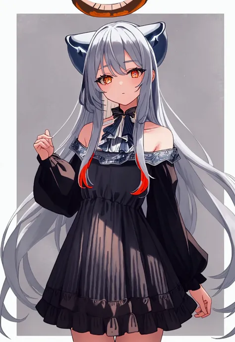 ( masterpiece fails,  Best quality ),  1girl, {cocoons_bluearchive:1.15},  long hair, (  beautiful detailed eyes  :1.15), (  cowboy shot  :1.5),  orange eyes ,  grey hair, bang,  multicolored hair, striped hair , animal ears, halo, Striped dress, vertical-...