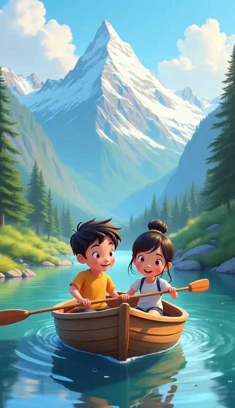 A cute cartoon young boy, and girl , boating,in river, mountain area ,realism 