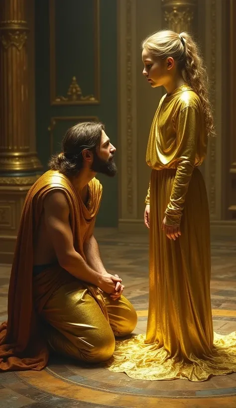 Midas kneeling in sorrow as he accidentally turns his beloved daughter into a golden statue. The daughter stands frozen in gold, her expression filled with love and innocence, while Midas looks devastated