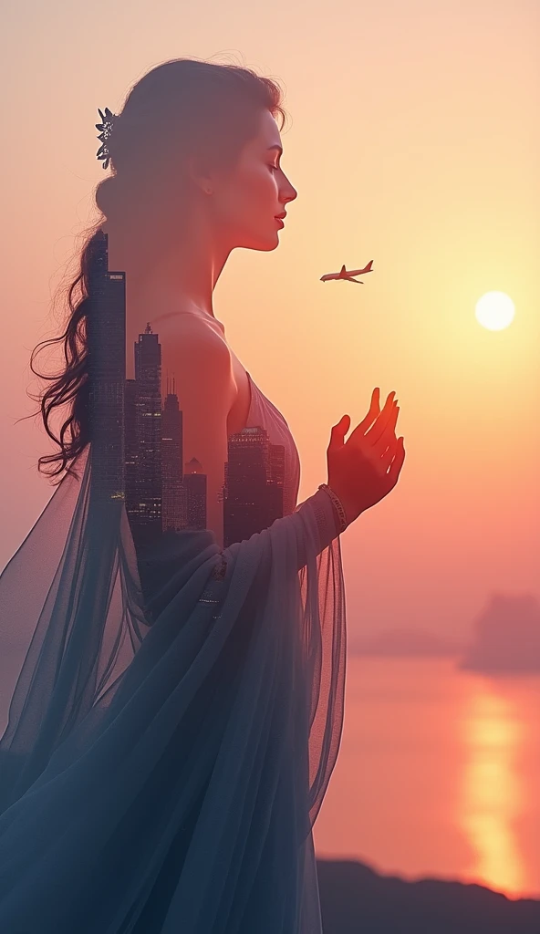  in high quality ,  8K Ultra HD ,  and a plane flying over the ，There are city skyscrapers ，A beautiful  double exposure that combines an goddess silhouette with sunset coast, 。 sunset coast should be used as a ground floor background , ，其细节融入女神 ,  clear l...