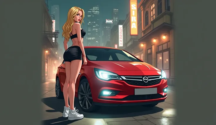 lets start with the night in the city background 
Blonde with big ass dressed in very very small black sporta white boots air foorce 1 and white bra  rests on a mask of red opel and astra h in anime erotic style 
standing with her back to the camera 