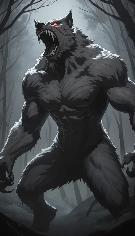 a powerful werewolf attacking,extremely detailed werewolf,highly detailed,dramatic action scene,intricate anatomy,claws,fangs,intense eye contact,growling expression,moonlit forest background,cinematic lighting,moody atmosphere,chiaroscuro,muted color pale...