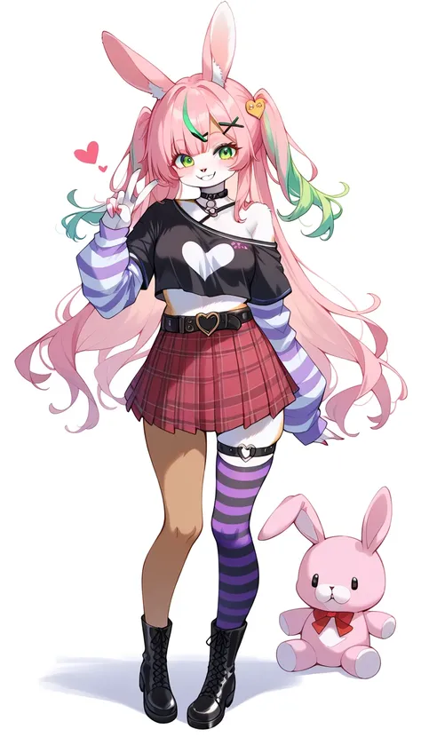 score_9, score_8_up, score_7_up, score_6_up, score_5_up, score_4_up, source_anime, best quality, amazing quality, very aesthetic, absurdres, 1girl, (furry, kemono:1.3), rabbit, rabbit girl, rabbit ears, pink hair, green eyes, long hair, multicolored hair, ...