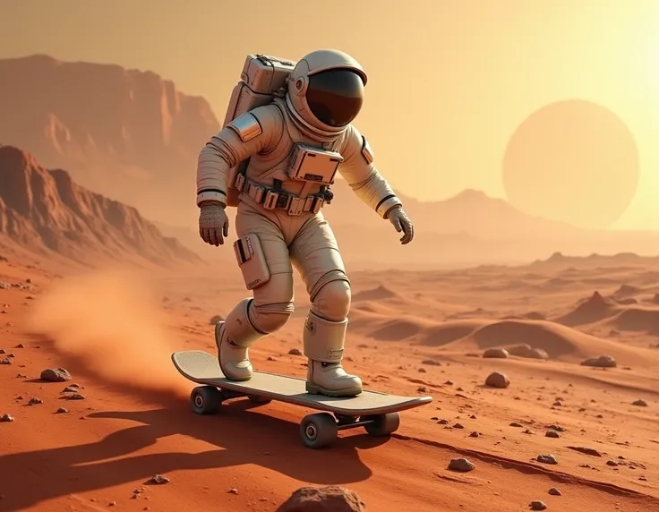 Astronaut skateboards on the surface of Mars