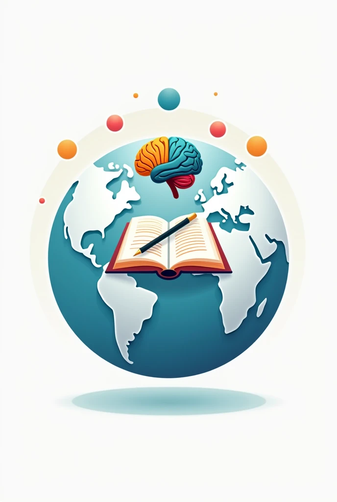 round world globe shape school logo inside there should be aa book and a pen and uppper the book there should be a colorful brain and two round circles in ga gap there should be writen Wisdom 