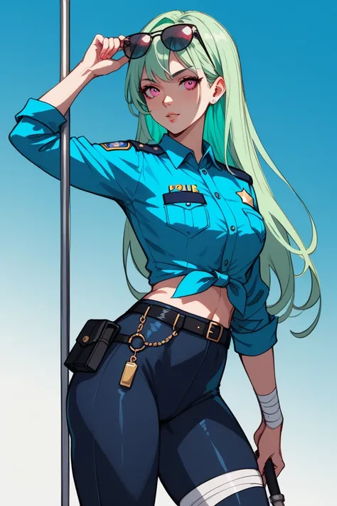 (Light green hair with a shade of light blue), simple sketch, colorful sketch drawing, simple lines, Girl police officer ,  long hair tied light green with a shade of light blue,  pink eyes from sunglasses with blue lenses ,  of black tight sleeve blouse a...