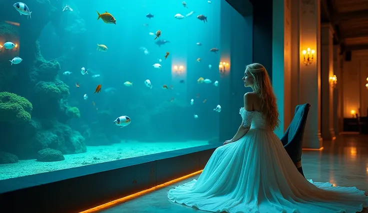 that&#39; Full of deep blue light , Majestic,  modern aquarium ice colored interior , Theres a huge fish tank in front of me ,  tank sitting in the restaurant,  restaurant in front of a huge fish tank sitting in a restaurant seat, There are many tropical f...