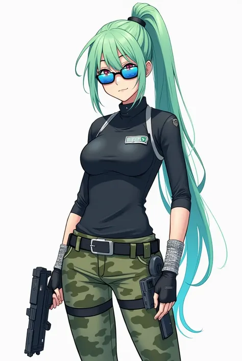 (Light green hair with a shade of light blue), simple sketch, colorful sketch drawing, simple lines, Girl police officer ,  long hair tied light green with a shade of light blue,  pink eyes from sunglasses with blue lenses ,  of black tight sleeve blouse a...