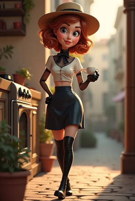 A 3D animated character "A whimsical Comix - Comics of Helga, a 41-year-old German woman with short auburn hair, sitting in a cozy kitchen, holding a teacup, with NFT-style abstract art in the background A whimsical highly detailed 3D render of Helga,""A 4...