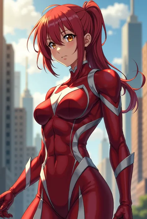  My Hero Academia Style ,   anime girl , woman, young woman ,  full body shot ,( Fighting Stance :1.3),Long Hair, Red Hair,   Brown Eyes , hero suit, Full Body Suit,  red suit with white details, perfect anatomy,  enhanced abs , super detailed,(building:1....