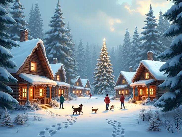 cabins trees snow people Christmas tree dog cat