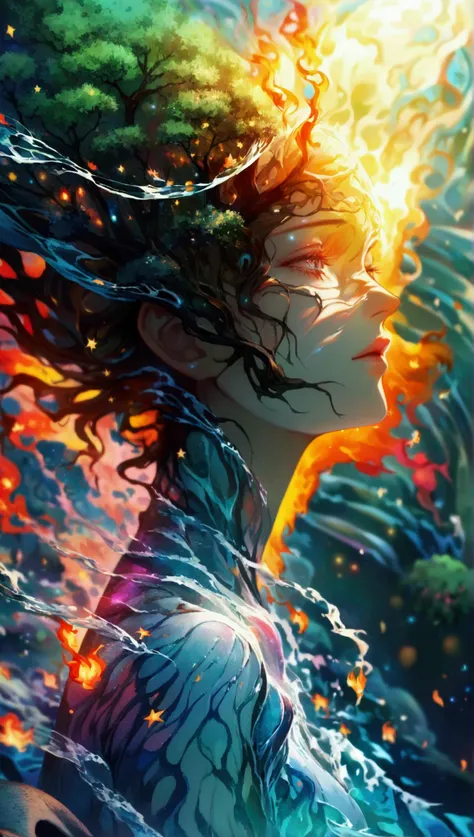 A surreal depiction of a human figure transforming into different elements of nature — trees, stars, water, and fire. Their face reflects shifting emotions as cosmic waves ripple around them, symbolizing constant change.