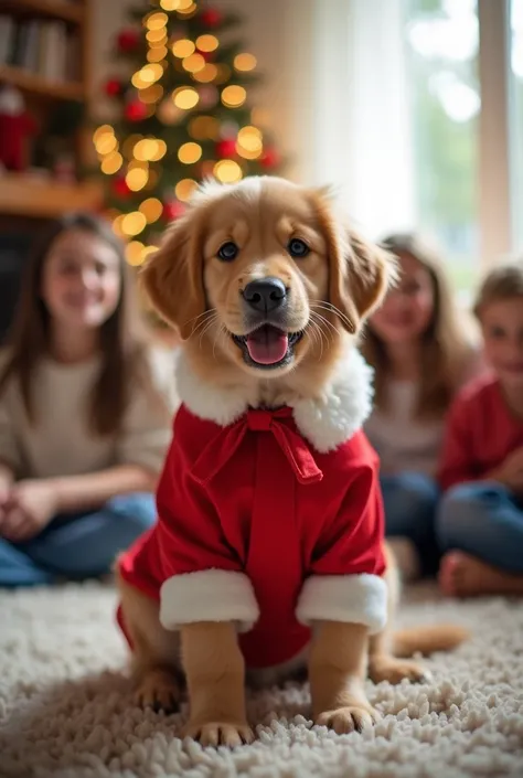 An incredibly cute golden retriever puppy with bright eyes and an adorable smile is wearing a bow and a Santa Claus outfit because he will be a Christmas present. The puppy is sitting on the living room rug in front of a group of ren, the room all decorate...