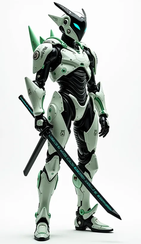 "Design a futuristic samurai character with a mechanical body covered in high-tech armor featuring a clean white base color accented with shiny green,silver metal and matte black. The helmet (kabuto) curving upward, adorned with traditional Japanese carvin...