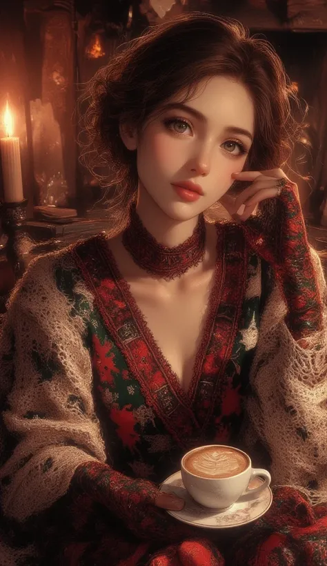 A beautiful woman with beautiful eyes:1.2, detailed eyes, beautiful full lips, highly detailed eyes and faces, long eyelashes, cute expression, smile, sitting:1.4, holding a cup of hot latte, homely background, Christmas sweater, fireplace, warm light, det...