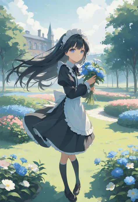 masterpiece, high quality, high resolution, 16k, illustration by Makoto Shinkai, exquisite background, petite girl, black hair, long hair, gothic lolita, maid outfit, fair skin, long eyelashes, beautiful eyes, over-kneehighs, full body, smiling, western ga...