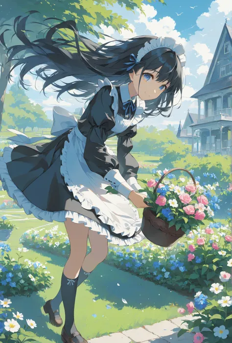 masterpiece, high quality, high resolution, 16k, illustration by Makoto Shinkai, exquisite background, petite girl, black hair, long hair, gothic lolita, maid outfit, fair skin, long eyelashes, beautiful eyes, over-kneehighs, full body, smiling, western ga...