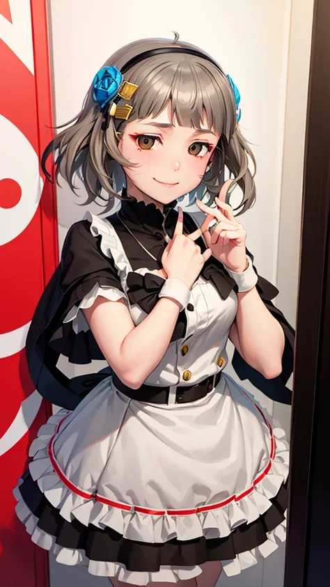 (((solo))), 1 woman, Sakuya Kurobane, sakuyaunif, kurobane_sakuya, (brown eyes), short hair, grey hair, black hairband, blue hair flower, red eyeliner, chest, blush, smile, (upper body), santa claus