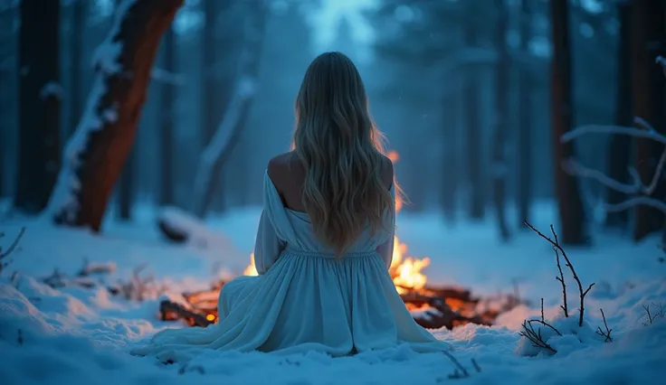 The whole place is filled with deep dark blue light,  in the woods,  snowflakes are falling  , Sitting in front of a bonfire,  Russian woman is looking up  , One supermodel  ,  blonde long hair,  Perfect Proportions, Im wearing a long white long dress, I c...