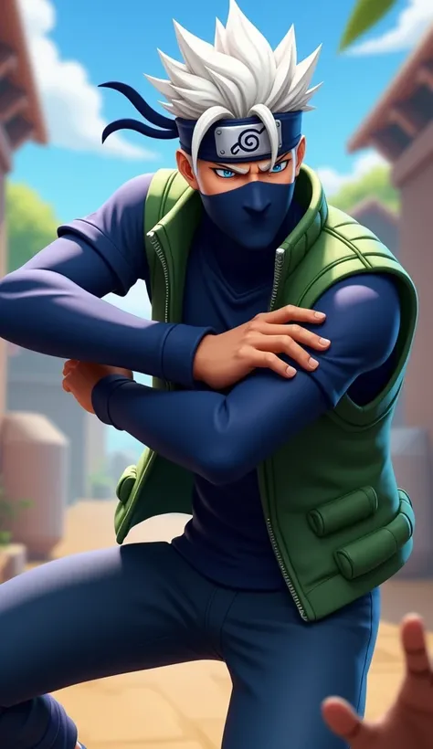 green vest and fighting hug Man  with spiky white hair combed up and wearing a dark blue bandana with the Konoha symbol and covering one eye and wearing a dark blue mask   and dark blue pants and vest green and Dark blue T-shirt long sleeve,Style Fortnite 