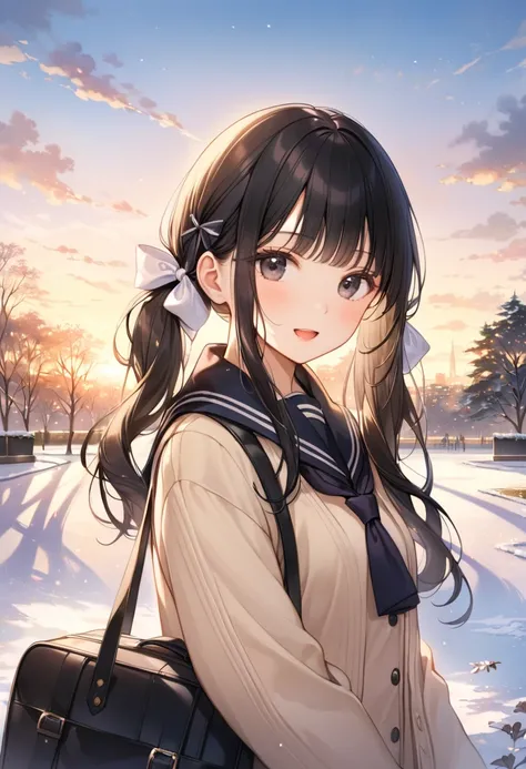 Upper body, 1girl, :D, ivory black eyes, Tareme, Long hair, low twintails, blunt bangs, black hair, Hair ribbon, Looking at viewer, Sailor collar, Bowtie, Light-brown cardigan, Scarf, School bag,

Park, Sunset view, Winter, Dusk, Evening lighting,

Masterp...