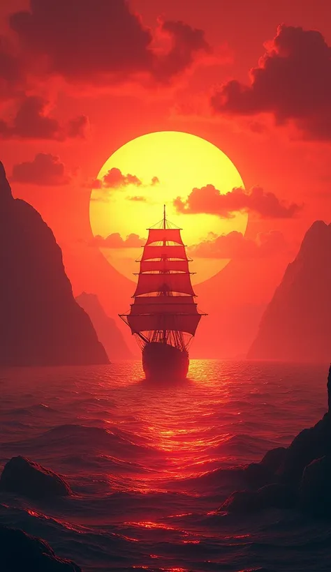  High-resolution ,  masterpiece fails,  high quality, beautiful scarlet sunset over the sea ,  mountain landscapes lead in the distance ,  a huge ship sails on the sea