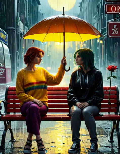 there is two woman sitting on a bench in the rain, lgbt art, under rain, lesbian art, by Cyril Rolando, alena aenami and android jones, cyril rolando and goro fujita, while its raining, rainy mood, after rain and no girls, dramatic artwork, undertale, arti...